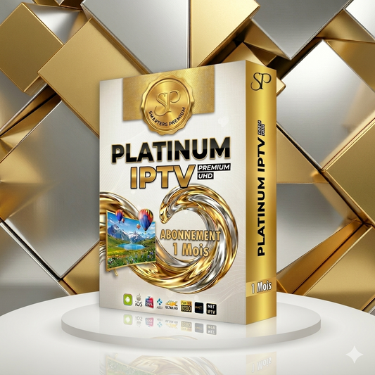 Boîtier premium Platinum IPTV France pour abonnement IPTV stable sans coupure, qualité 4K UHD, avec logos de compatibilité Android et iOS sur un podium doré
